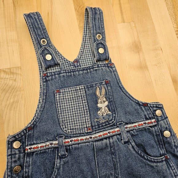 Vintage Baby Looney Tunes Overalls 2T 24 Mo Denim Bugs Bunny Jeans Choo Trains - Picture 3 of 12